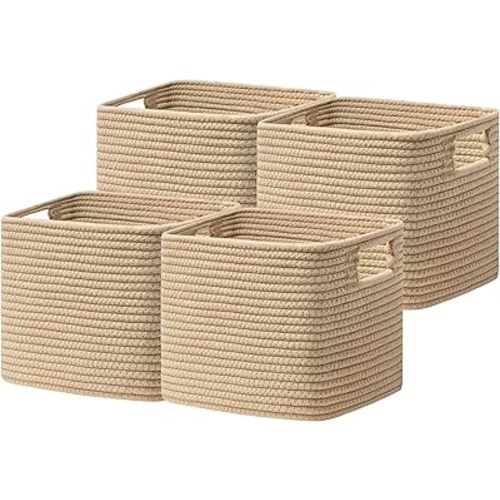UBBCARE Storage Cubes 4 Pack, 11x 11x 7.8 Cube Storage Bin with Handles, Cotton Rope Baskets for Organizing, Woven Baskets for Shelf, Baby Nursery, Toy Storage, Closet, Classroom, Brown