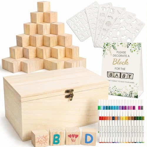 103 Pcs Baby Shower Games Sign Kit, Wooden Blocks to Decorate | 60 smooth 1.5 inch pine blocks,36 markers,5 templates,baby shower sign and wooden storage box for guest activities
