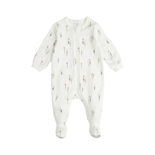 Baby Tulip Print Organic Cotton Fitted One-Piece Pajamas, Off White