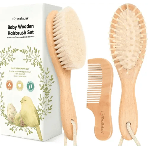 Wooden Baby Brush and Comb Set with Soft Goat Bristles for Newborns and Toddlers, Cradle Cap Oval Brush (Walnut)