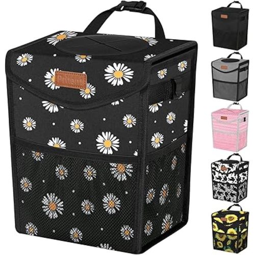 Car Trash Can with Lid, Cute Leakproof Car Trash Garbage Bag Hanging Vehicle Trash Bin Small Portable Automotive Garbage Cans Organizer for Back/Front Seat/Console(2.8 Gallons,Black Flower)