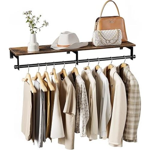 Luxspire Clothes Rack Wall Mounted, 43.3inch Clothing Racks with Top Shelf for Hanging Clothes, Heavy Duty Industrial Pipe Garment Rack, Laundry Room Shelves Closet Storage, Large, Black + Brown