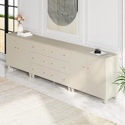 WAMPAT Extra Wide Dresser Chest with 6 Drawers and 4 Doors for Bedroom, 3-in-1 Modern Wood Closet Storage Organizer with 6 Compartments for Kids Room, Nursery, 118", Beige Faux Linen Textured