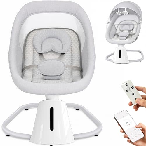 JUNEU Baby Swing for Infants - Portable Electric Swings for Newborns 0-12M | APP/Remote Control, 5-speed Swing Rate, 12 Preset Songs, Suitable for Baby 7–20 pounds, Indoors/Outdoors Use