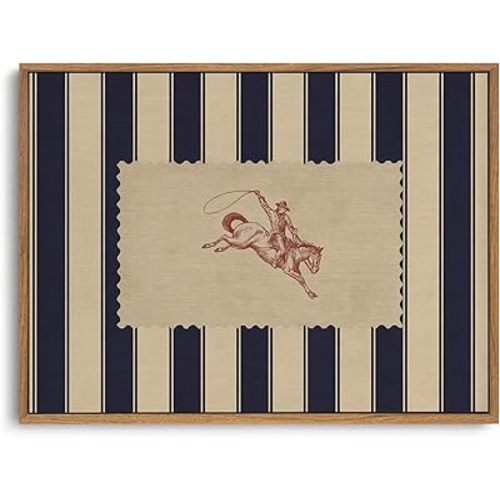 ZZLWBKGL Vintage Western Framed Wall Art Farmhouse Striped Cowboy Canvas Wall Art Retro West Country Pictures Decor Mid Century Rodeo Art Prints for Living Room Bedroom