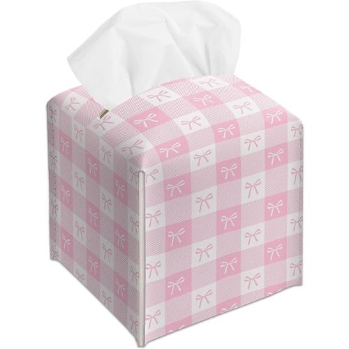 Pink Gingham Bow Decorative Leather Tissue Box Cover - Cute Tissue Holder Gifts for Women and Friends Funny Unique for Home Decor Decorative for Kitchen Bathroom Nightstands Office - A21