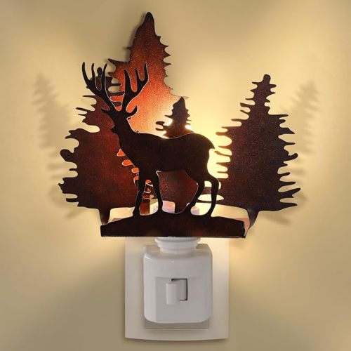 Forest Deer Plug in Night Light Farmhouse Metal LED Night Light Decorative Vintage Novelty Lamp Decor for Holiday Bedroom Living Room Bathroom Christmas Gift
