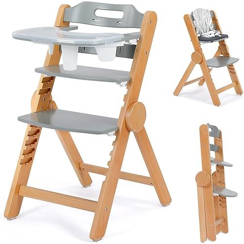 Ezebaby Wooden High Chair Grow with Your Child, Foldable Baby High Chair with Adjustable Seat and Footrest Heights, High Chair for Babies and Toddlers with Cushion and Large Double Layer Tray(Grey)