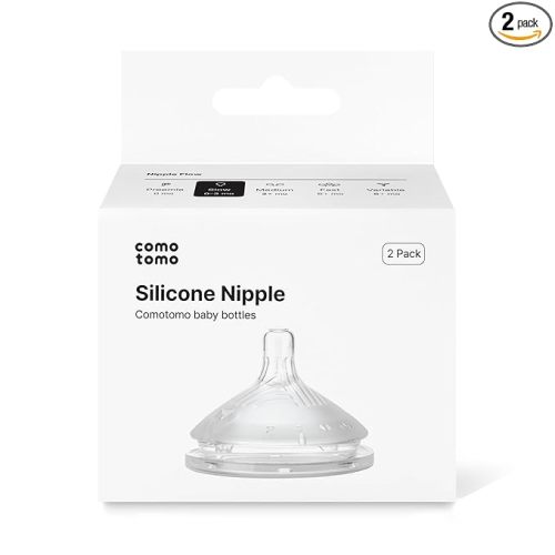 Comotomo Silicone Replacement Nipples for Baby Bottle Gen 2 (2026 Release) - Soft, Silicone Nipples with Dual Anti-Colic Vents Designed for Natural Latch (Pack of 2), Slow Flow (0-3 Months)