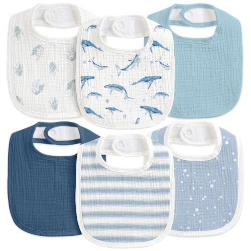 6-Pack Muslin Baby Bibs for Drooling & Teething, Absorbent Bib | Soft Cotton Baby Drool Bib for Baby Boy Girl, Easy Adjustable Bibs for Toddlers, Newborn, Infants 0-36 Months Blue Whale