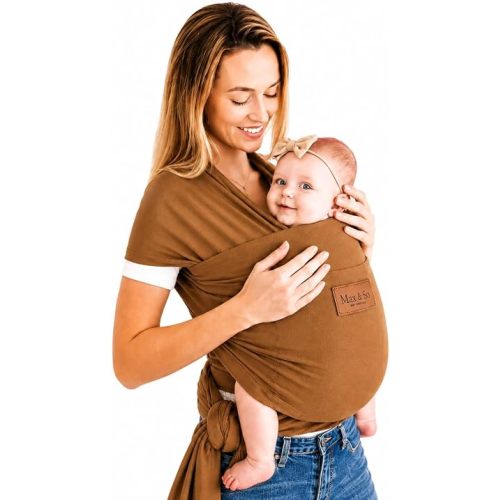 Baby Wrap Carrier - Breathable Cotton Newborn to Toddler Carrier 8-35 lb - Secure Postpartum Baby Holder with Front Pocket by Max&So (Brown)