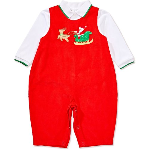 Petit Ami Baby Boys Sleeveless Santa With Reindeer Appliqued Corduroy Coverall & Long-Sleeve Woven Shirt Set