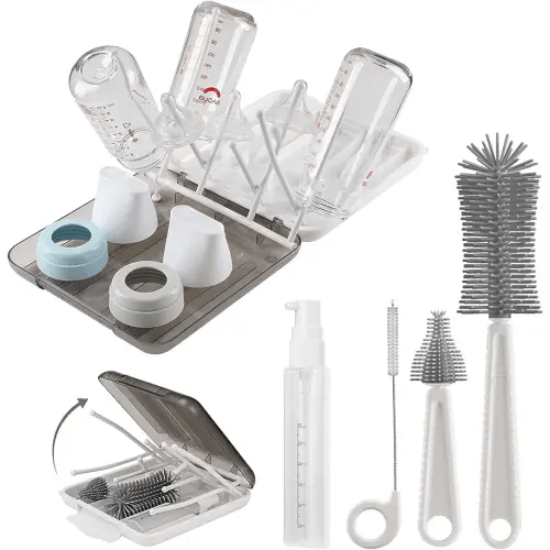 Cepillo para biberones, juego de limpiador de biberones 6 en 1 con cepillo extensible de silicona para botellas, estante de secado, cepillos para pezones y pajitas, dispensador de jabón y estuche