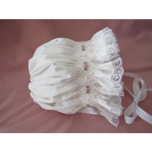 Beautiful White Hand Smocked Bonnet for Baby Girl.