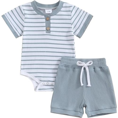 Newborn Baby Boy Girl Clothes Set Ribbed Short Sleeve Striped Romper Top Solid Color Shorts Sets 2Pcs Summer Outfits