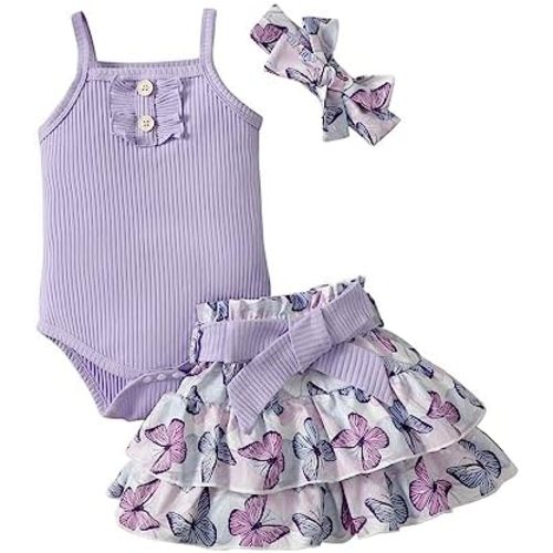 Baby Girls Butterfly Outfit Summer Vest Ribbed Bow Sleeveless Tank Tops Floral Prints Skirt Dress Handband 3Pcs Set
