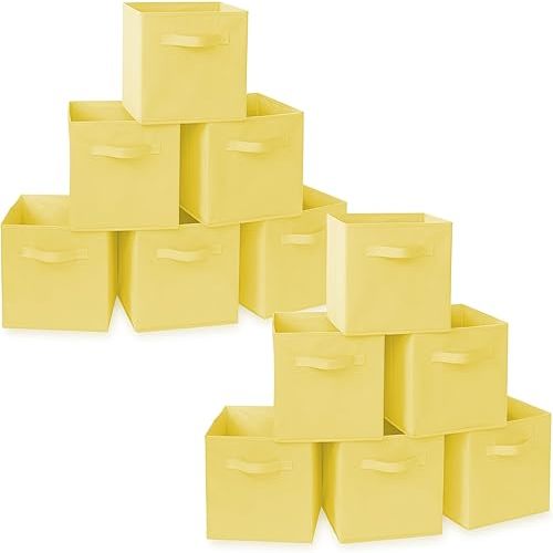 Casafield Set of 12 Collapsible Fabric Cube Storage Bins, Yellow - 11" Foldable Cloth Baskets for Shelves, Cubby Organizers & More