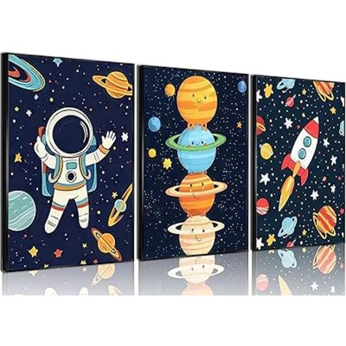 3Pcs Astronauts Nursery Wall Art Whimsical Outer Space Kid Decor Pictures Rocket Planet Posters Prints for Boys Room Girls Room Kids Room Decoration Unframed