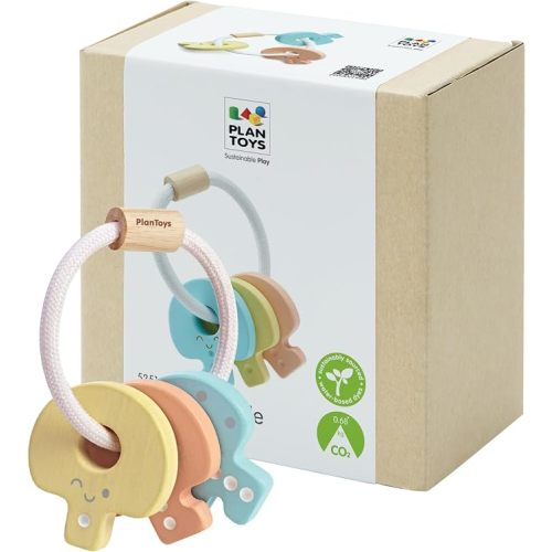 PlanToys® Wooden Pastel Baby Key Rattle Montessori Sensory Toy for Newborns