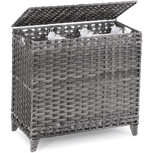 Laundry Hamper with 3 Removable Liner Bags; 132L Handwoven Rattan Laundry Basket with Lid & Heightened Feet; Clothes Hamper with Side Handles; Laundry Sorter with 3 Separate Sections (Gray)