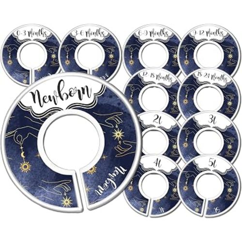 Baby Closet Dividers Set of 11, Newborn to 5T Celestial Mystical Witchy Nursery, Stars Moon Hands Nursery Closet Organizer, Handmade Gender Neutral Decor