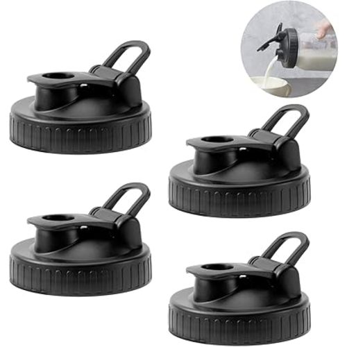 Pour Spout Lids for Ball Regular Mouth Mason Jars, Airtight Canning Jar Flip Cap Top Lid for Drinking, Salad, Dressing Pouring, Leak-Proof, Black Pack of 4