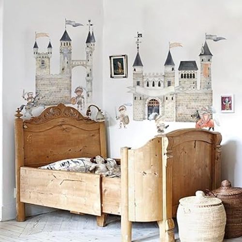 Large Watercolor Wall Decals Peel and Stick, Self Adhesive Vintage Wall Stickers for Kids Bedroom Playroom Nursery Room Wall Art Decor Decal, Knight Assembled Castle Wall Mural