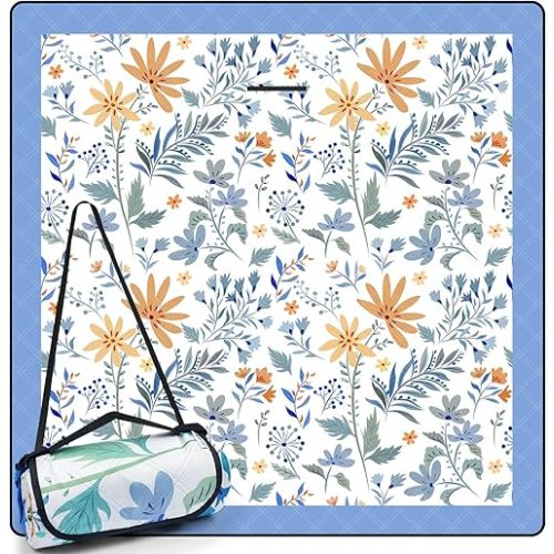 Picnic Blankets 79"x79" Extra Large Outdoor Blanket Beach Blanket Waterproof SandProof Picnic Mat Washable Foldable Portable for Grass Lawn Beach Camping (White with Flowers)