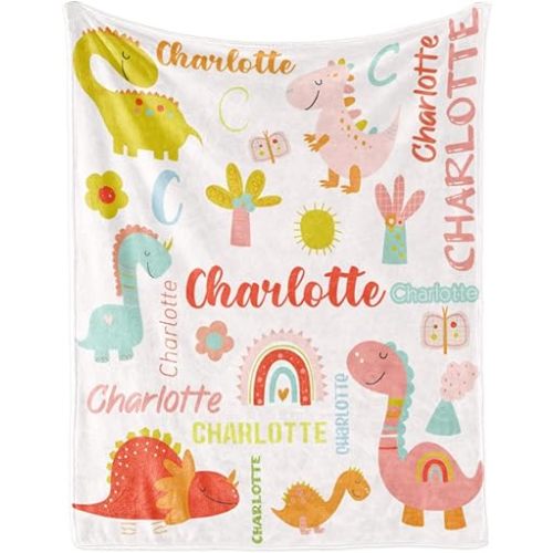 Personalized Dinosaur Blanket with Name for Girl, Custom Name Blanket for Kids, Soft Flannel Pink Dinosaur Toddler Blanket Customized Gift for Birthday Christmas Baby Shower Newborn Gift 30" X 40"