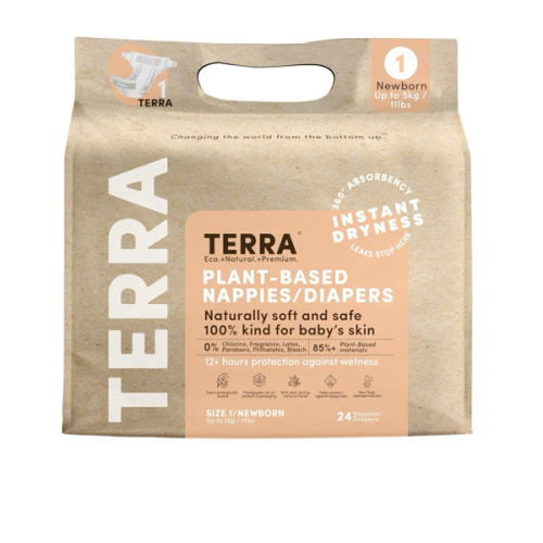 Terra Size 1 Newborn Diapers: 85% Plant-Based Diapers, Ultra-Soft & Chemical-Free for Sensitive Skin, Superior Absorbency for Day or Nighttime Diapers, Designed for Newborns up to 11 Pounds, 24 Count