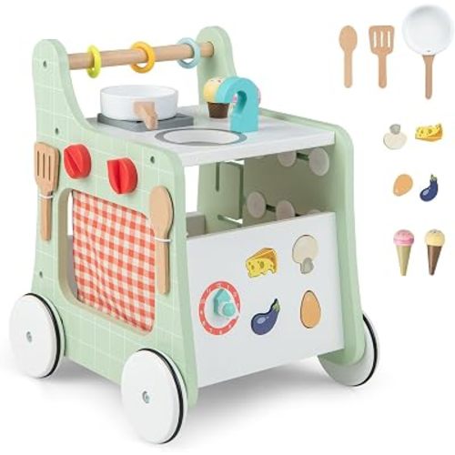 BABY JOY 6-in-1 Wooden Baby Walker, Toddler Push and Pull Learning Activity Center w/Play Kitchen, Teaching Clock, Shape Matching & Movable Slider, Wooden Baby Walker with Wheels for Kids 12 Months + (Green)