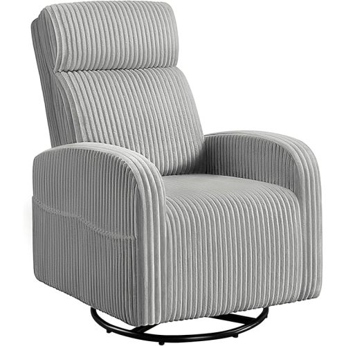 Yaheetech 360° Swivel Glider Chair for Nursery, Rocking Chair Nursing Chair with Side Pockets, Corduroy Glider for Living Room with High Back Light Gray