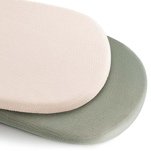 Konssy 2 Pack Muslin Bassinet Sheets for Baby Boy, 100% Cotton Soft Breathable Bassinet Mattress Sheets Fit for Hourglass Oval Cradle Rectangle Mattress (Fog Green,Cream)