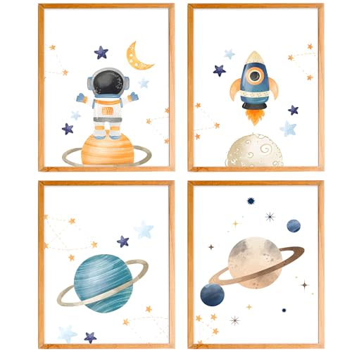 BearCake Space Wall Decor - Solar System Spaceman Outer Space Poster Prints - Set of 4 Unframed, 12x16 Inches - Perfect for Boys Room, Classroom, Toddler, Playroom, Nursery