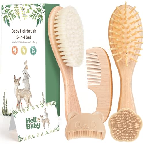 5 Piece Baby Hair Brush Set, Wooden Baby Brush and Comb Set with Natural Soft Goat Hair Bristles, Cradle Cap Brush, Baby Essentials Grooming Kit for Boy Girl