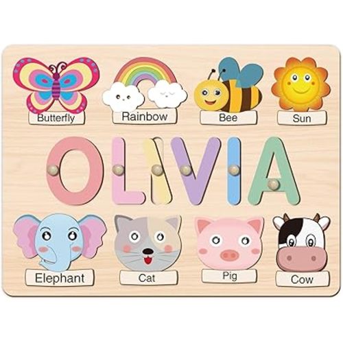 Personalized Name Puzzle for Kids, Customized Baby Gifts, 1st Birthday Gifts for Girls Boys, Toddler Learning Toys 1-3 Animal Puzzle Montessor Toys for Kids
