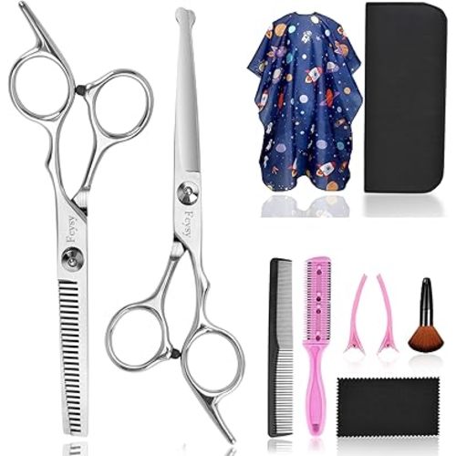 Fcysy - Kit de tijeras de corte de pelo para niños, 6 pulgadas, punta redonda, tijeras de corte de pelo, tijeras de adelgazamiento, suministros de peluquería para niños pequeños, niños y niñas, kit de