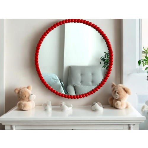 Beaded Nursery Mirror, Red Wooden Frame, Baby Room Decor