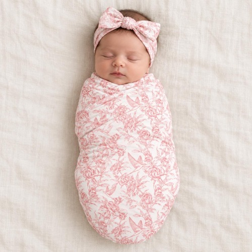 Pink Toile Baby Swaddle & Bow Set | French Toile Receiving Blanket | Custom Baby Girl Swaddle | Newborn Shower Gift