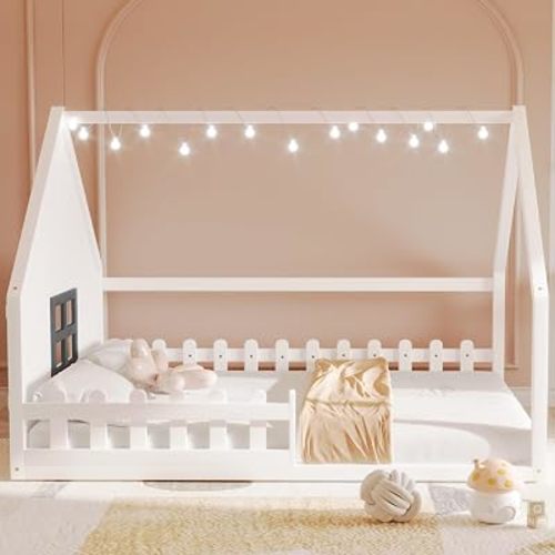 Merax Full Size Montessori Floor Bed with LED Light, Wood House Bed Frame with High Fence & Window, Kids Playhouse Beds for Boys Girls Bedroom, No Box Spring Needed, Easy to Assemble, White