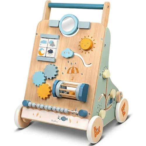 PairPear Wooden Activity Walker for Babies, Montessori Sit & Play Push Toy with Mirror, Gears & Beads, Adjustable Handle, Indoor Friendly Wheels, Gift for 12+ Months