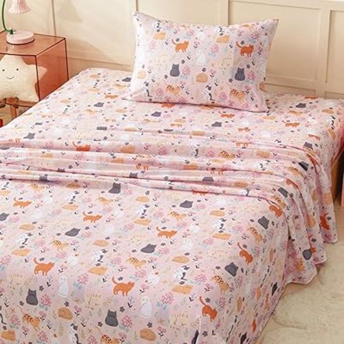 Twin Sheet Set for Kids Girls, 3-Piece Bed Sheet Set for Toddler, Soft Brushed Microfiber Bedding, Deep Pocket, Wrinkle & Fade Resistant, Cute Cats