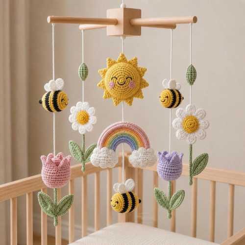 Crochet Baby Mobile, Handmade Crib Mobile, Baby Nursery Mobile, Bee Rainbow Sun Flower Mobile, Boho Nursery Decor, Baby Shower Gift