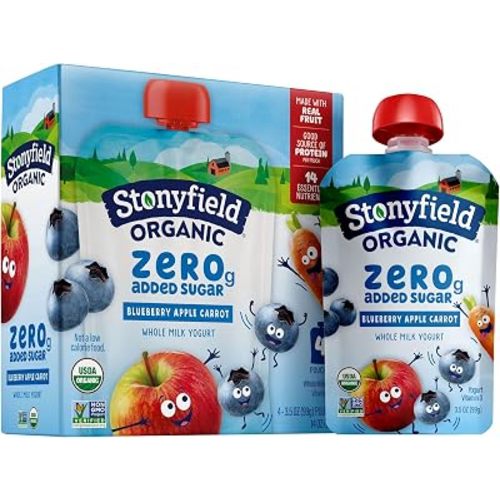 Stonyfield Organic Kids Zero Grams Added Sugar Blueberry Apple Carrot Whole Milk Yogurt, 3.5 oz Pouches, 4 ct Pack