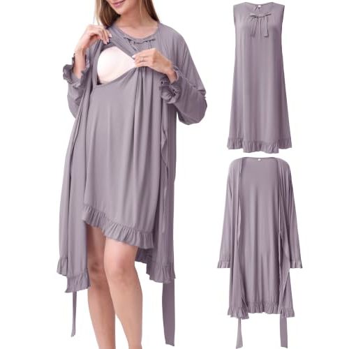 Maternity Nursing Gown & Robe Set, Ruffle Hospital Loungewear | 2-Piece Birthing Gown & Robe Set, Sleeveless Breastfeeding Nightgown for Postpartum Hospital Newborn Photos