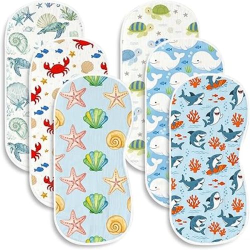 6 Pack Ocean Theme Baby Burp Cloths, 20x10 Contoured Burp Rags with Sea Turtle Whale & Shark Print, Ultra Absorbent Soft Shoulder Pads Nautical Newborn Registry Gift