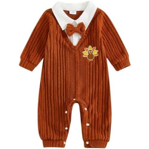 Twopumpkin Baby Boy First Christmas Outfit Newborn Trukey Knit Sweater Romper Long Sleeve Fleece Jumpsuit Warm Clothes