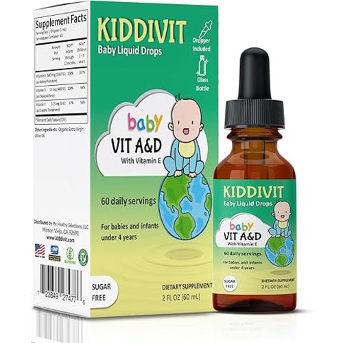 Kiddivit Baby Vitamin A&D Liquid Drops with Vitamin E – Gentle Immune & Vision Support Supplement – 60 Daily Servings, Dropper Included, Glass Bottle – Sugar Free, Gluten Free, Vegetarian, 2oz