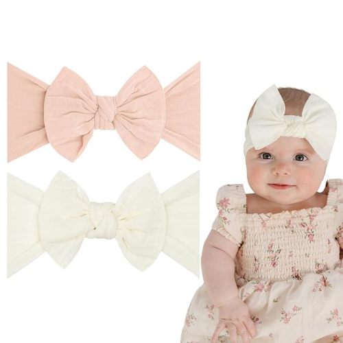 Baby Bling Bows - Newborn to Little Baby Girl Bows, 2 Pack Nylon Super Soft Stretchy Knot Toddler Headbands, Perfect Hair Accessories Head Bands for Infant Kids(Petal & Ivory)