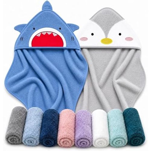 Cute Castle 2 Pack Hooded Baby Towel Rayon Made from Bamboo with 8 Washcloths - Soft Bath Towel for Bathtub for Babie, Newborn, Infant, Natural Baby Stuff Towel (Shark and Penguin)